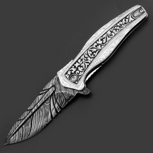 Изображение «Складной нож Раптор рукоять серебро клинок перо дамаск»